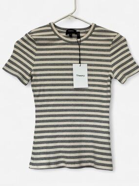 Theory Striped Ribbed Short Sleeve Tee in Gray and Cream